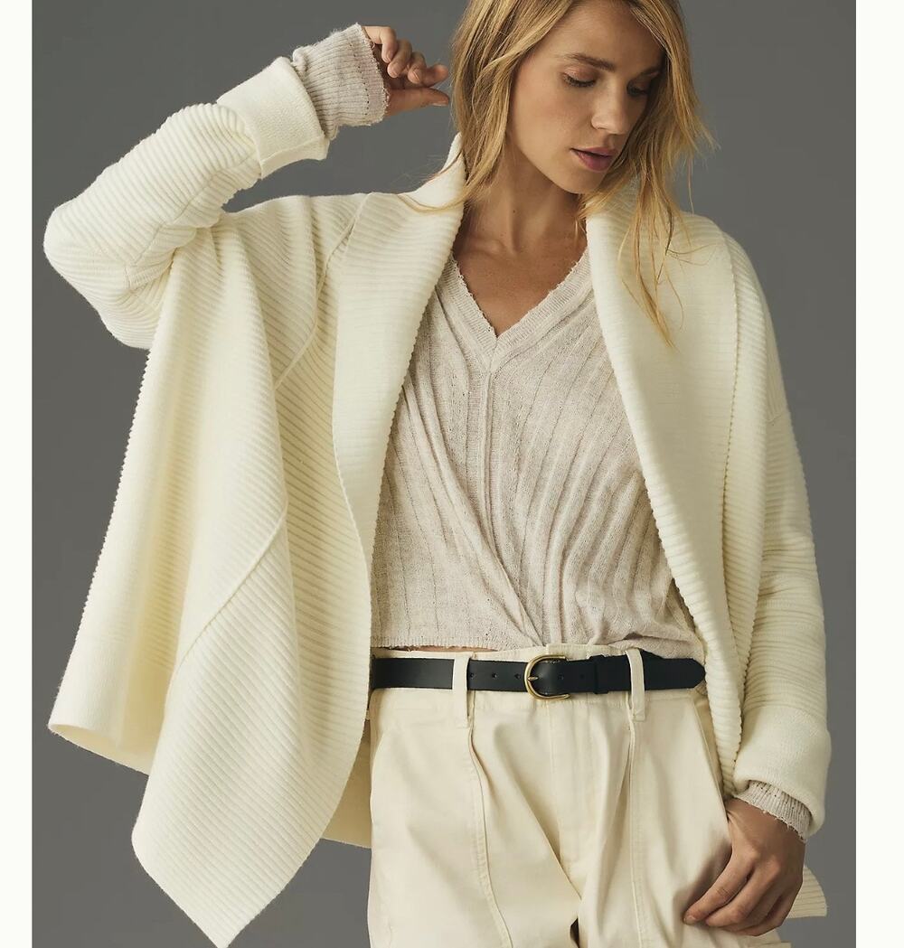 By Anthropologie Ivory Ribbed Knit Open Front Cardigan Shawl Collar- NWT- Small